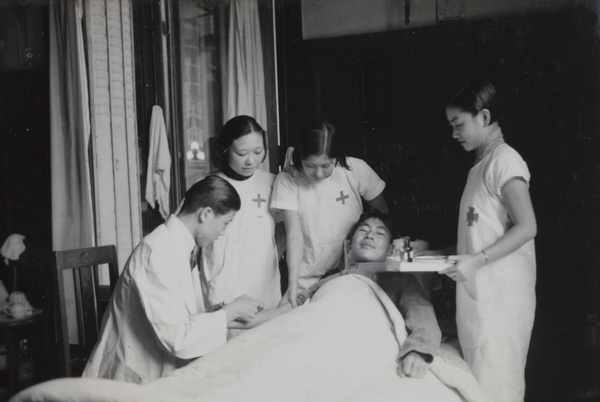 Injured soldier being treated in hospital, Shanghai, 1937