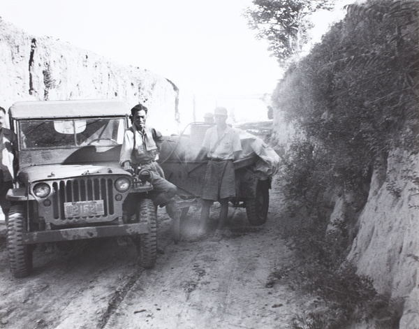 Refuelling jeep, during SOE mission to set up strategic wireless stations, 1945