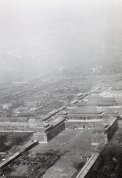 Aerial view of Wumen (Meridian Gate) and southwestern palaces, Forbidden City, Peking