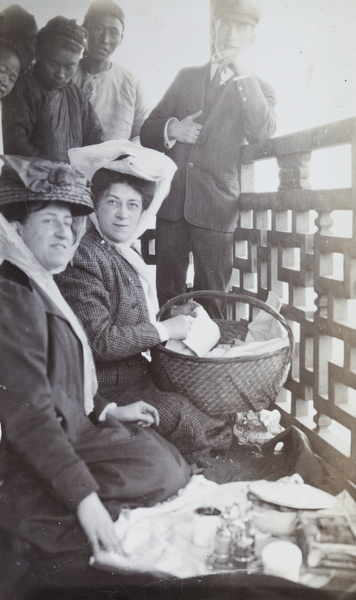 Nellie Dudeney, Leo Dudeney and Peggy Kirton having a picnic in the Longhua Pagoda, Shanghai