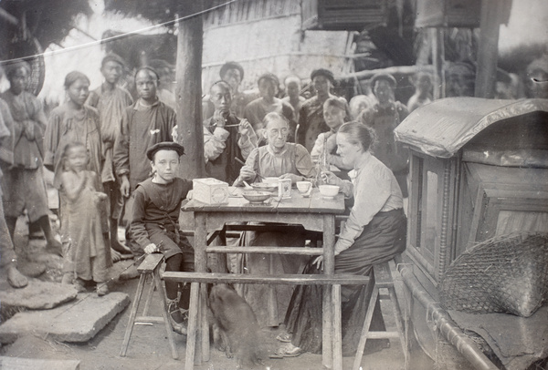 Dr Lucy Harris and two others having a wayside meal, on the way to Santai, Sichuan