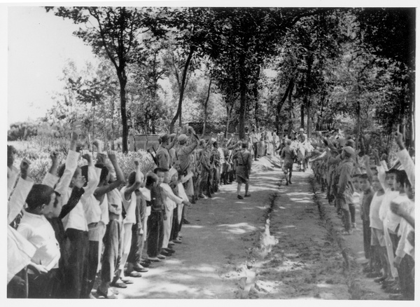 Cheering avenue of soldiers and children