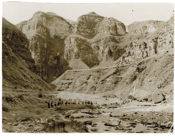 A group walking through a valley near the Chengtai Railway in West Hebei province