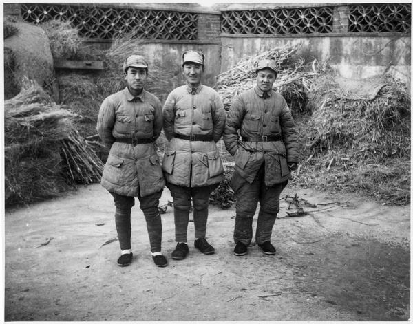 Jiang Wen (江文), Liang Ji  (梁骥), and another man, wearing thick winter uniforms, Jinchaji