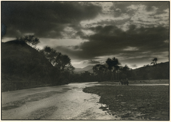 Evening clouds over people on horseback beside the Sha River, Hebei