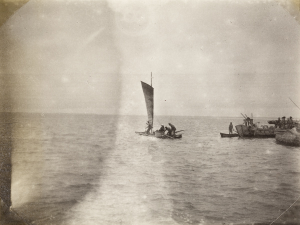 Dr John Preston Maxwell leaving Tainan, Taiwan, in a bamboo raft boat