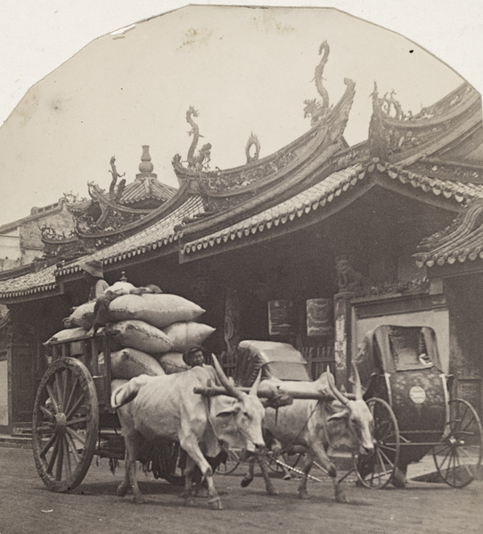 Thian Hock Keng, Telok Ayer Street, Singapore, with zebu cart and rickshaws