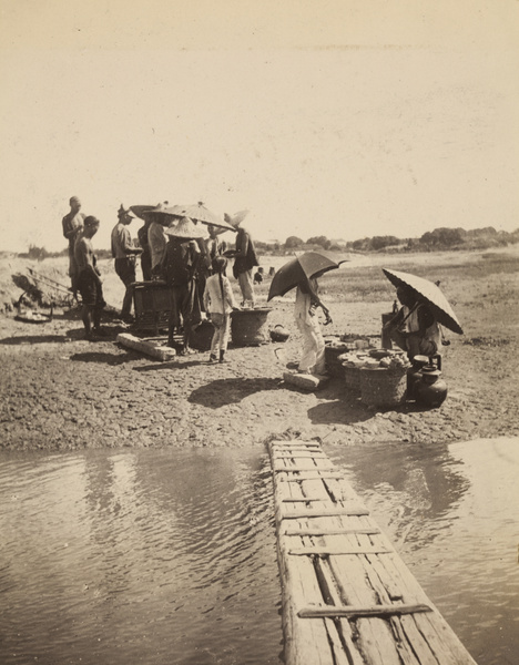 Food sellers and customers by a river landing jetty, Fujian province