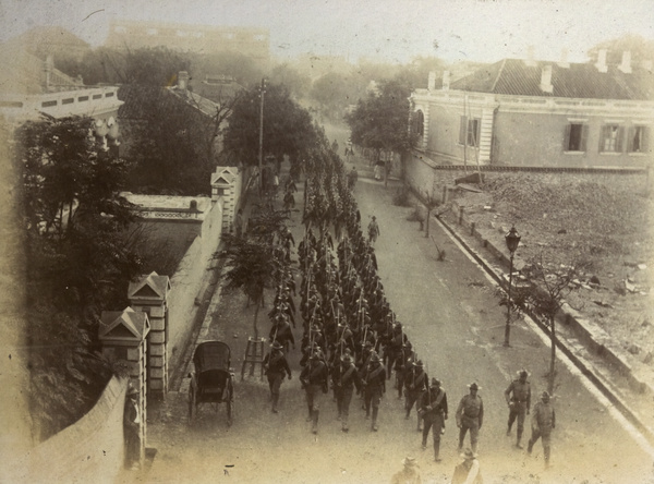 Allied forces marching, Victoria Road, Tientsin