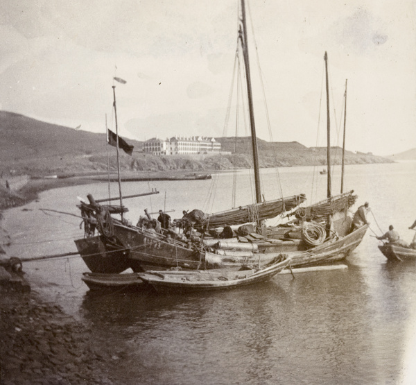 Junks moored, with King's Hotel in background, Weihaiwei