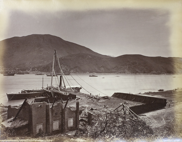 Damaged caused by the 1874 typhoon to dock facilities, Aberdeen, Hong Kong