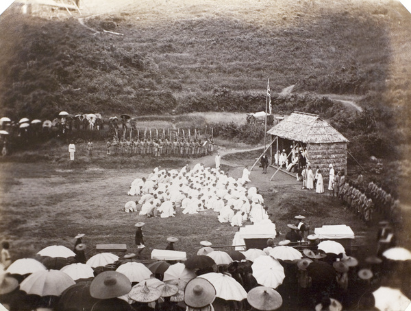 Gentry and elders of the New Territories communities kowtowing, Tai Po Market (大埔墟), New Territories, Hong Kong