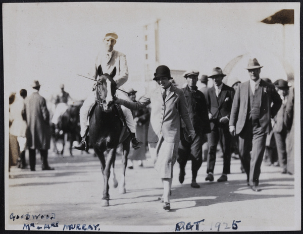 Mrs Murray leading a horse ('Goodwood') and jockey