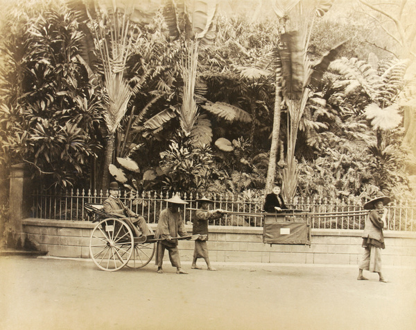 Rickshaw and sedan chair outside Botanical Gardens, Hong Kong