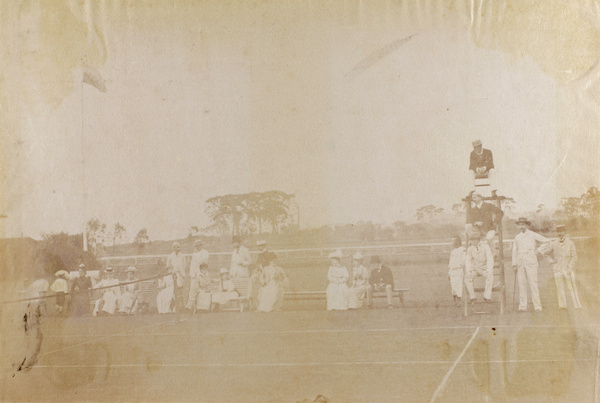Umpire and spectators at a tennis match, Foochow