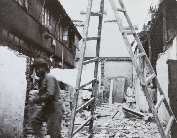 Ruins of a building, with a ladder