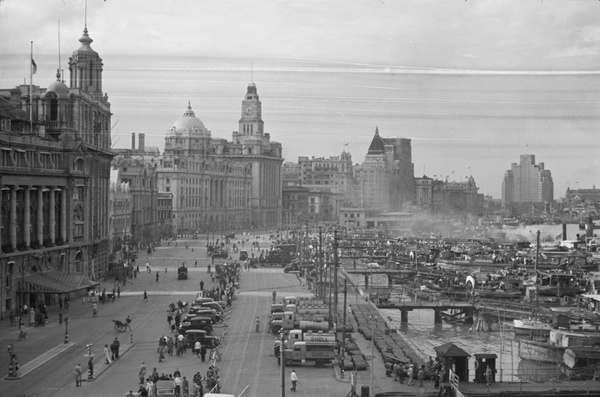 Shell oil trucks and barrels on the Bund, Shanghai