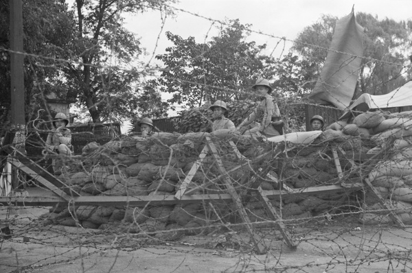 Annamese (Vietnamese) soldiers at a fortified checkpoint, Shanghai