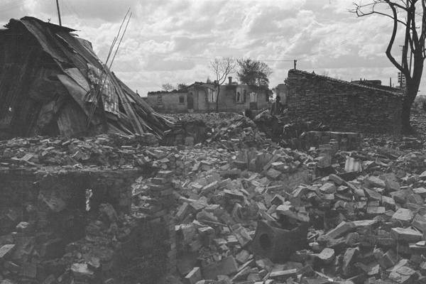 Makeshift shelters and bomb damaged district, Shanghai
