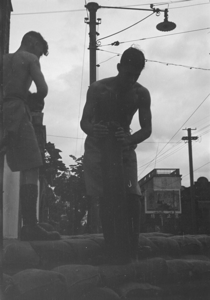 Soldiers building sandbagged fortification, Shanghai