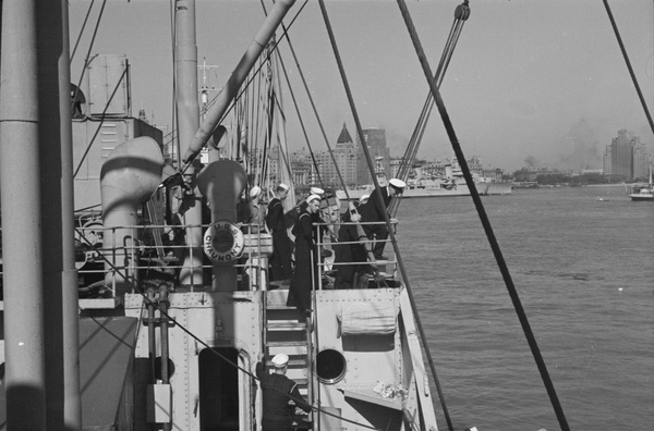 Sailors and officer on the deck of U.S.S. Chaumont, Shanghai