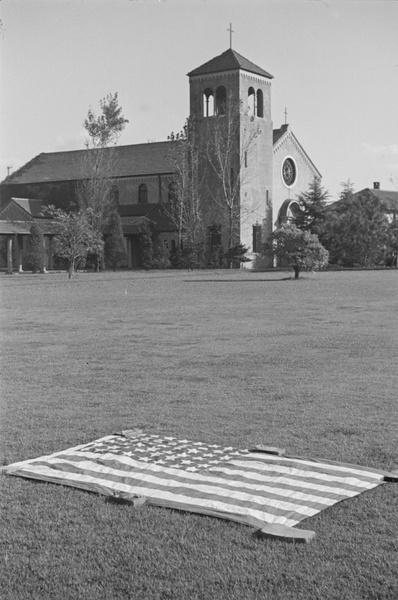 An American flag placed on the lawn, campus of St. Mary’s Hall (圣玛利亚女中), Shanghai