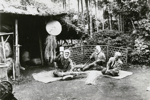 Beating straw for weaving