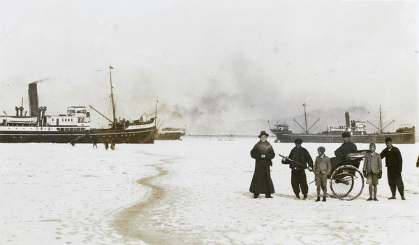 Rickshaw on frozen harbour, Chefoo