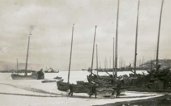 Junks in frozen harbour, Chefoo