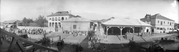 Godowns at Ningbo (宁波市), photographed from a steamer