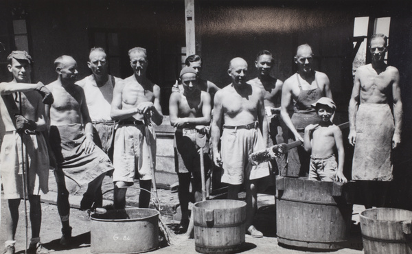 Kitchen staff and bugler, Lunghua Civilian Assembly Centre, Shanghai