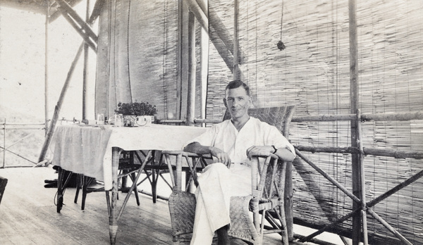 Frederick George Trobridge on the veranda at the Bungalow, China Mining & Metal Company Ltd., Gin Drinkers Bay (醉酒灣), Hong Kong
