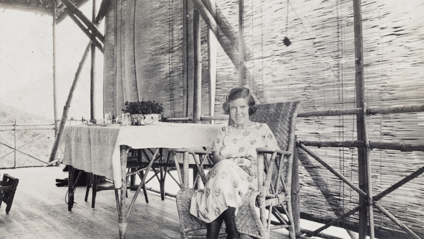 Mary Ada Trobridge on the veranda at the Bungalow, China Mining & Metal Company Ltd., Gin Drinkers Bay (醉酒灣), Hong Kong
