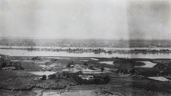 View over fields and the Xiang River towards the city, Changsha (長沙)