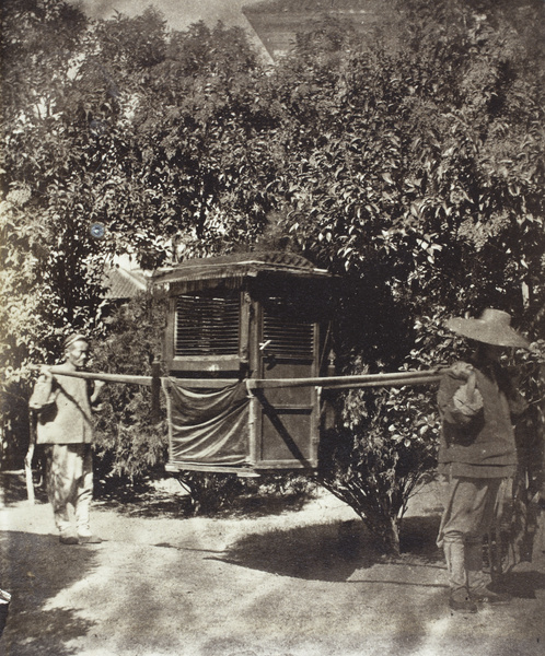 A sedan chair and two bearers, in a garden, Shanghai