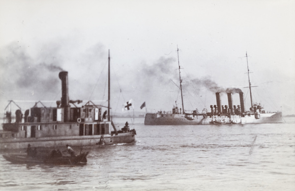 The Red Cross launch, with a Japanese cruiser in the background, Wuhan