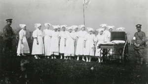 Army nurses with a 'hand litter' stretcher