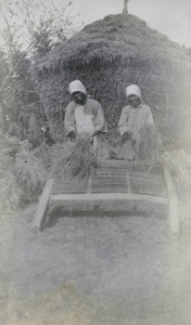 Women threshing rice beside a haystack