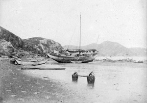 Fishing boat, buckets and beach, Foochow