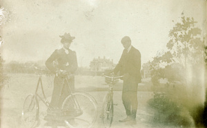 Frank and Islay, with bicycles, Shanghai, 1902
