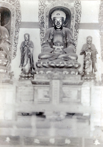 Buddha and companions in Yangtszepoo (Yangpu District) temple, Shanghai