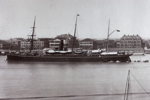 A Peninsular & Oriental Steam Navigation Company ship on the Huangpu river and part of the Bund, Shanghai