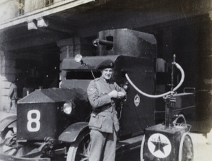 Eric Davies refuelling an armoured car from a mobile Texaco fuel dispenser, Shanghai, 1932