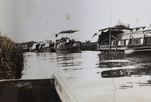 Moored houseboats flying national flags