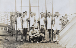 Men's rowing eight posing with cox and coach, Shanghai Rowing Club