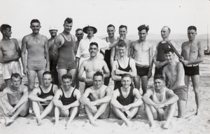 Picnic party group on a beach, Weihai (威海), with rounders bat and ball