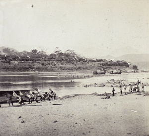 Fishermen hauling in a net, by a walled town, Fujian