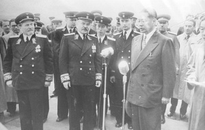 T.V. Soong with microphones and Russian generals, Moscow, 1945