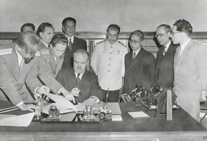 Molotov signing Sino-Soviet Treaty, Moscow, 14 August 1945