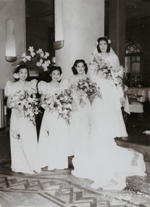 Miss Madeline Foo, with bridesmaids, Hong Kong, 1947